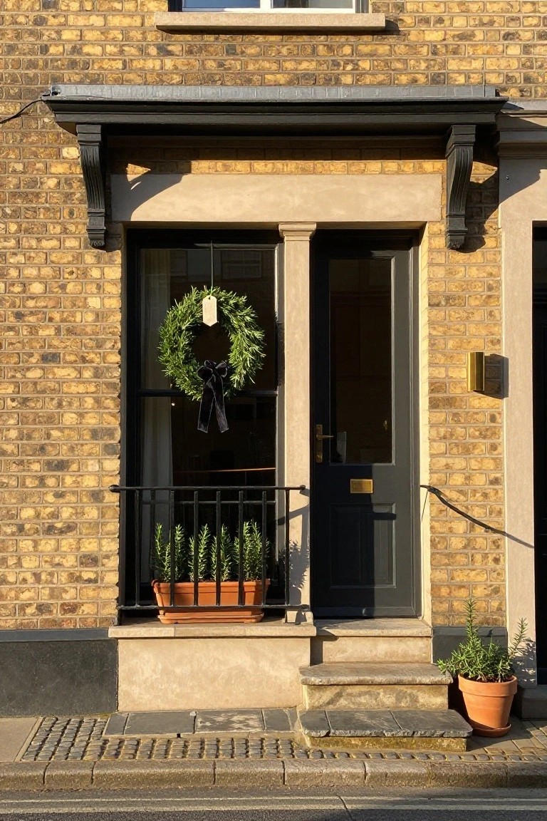 Yellow brick house facade featuring a green rosemary wreath with black bow hanging on a glass window, black front door, potted rosemary plants on a small balcony and by the steps, and a brass wall light.
