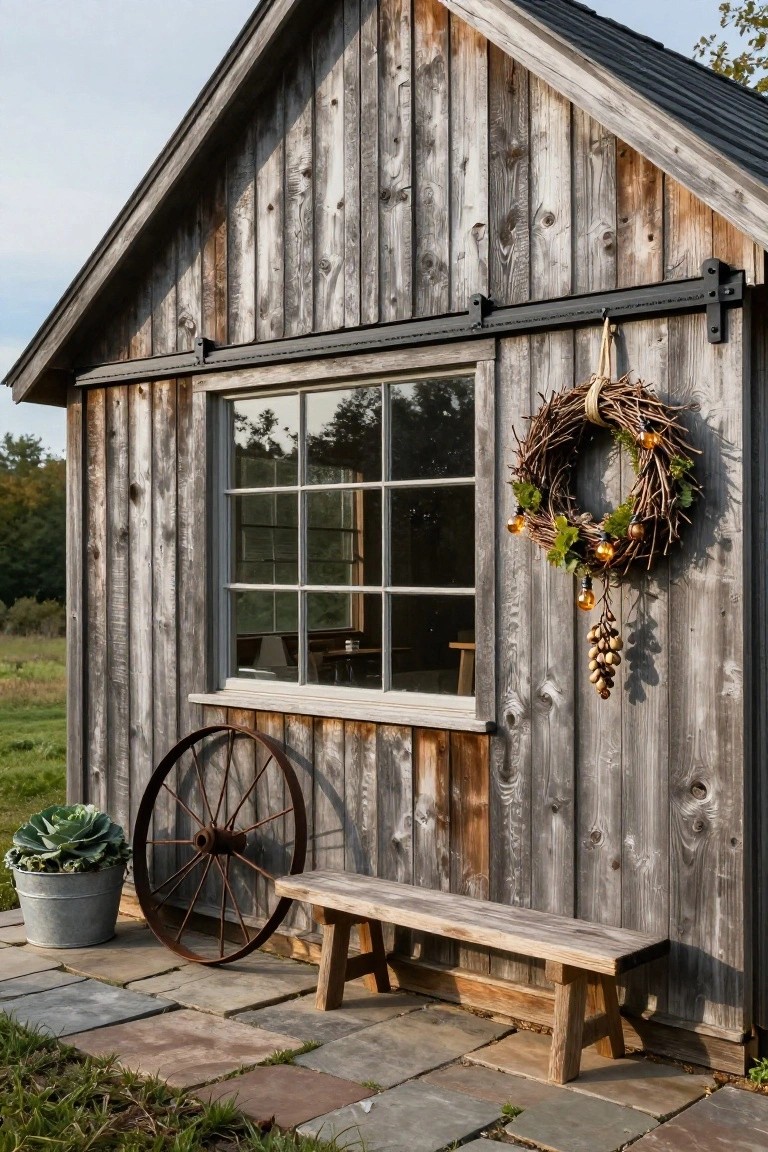 Rustic wooden shed with gray weathered siding, black sliding barn door track, large multi-pane window hung with grapevine wreath featuring small lights, leaves, berries, and grape clusters dangling, plus metal wagon wheel, wooden bench, and potted succulent on stone patio pavers beside grass.