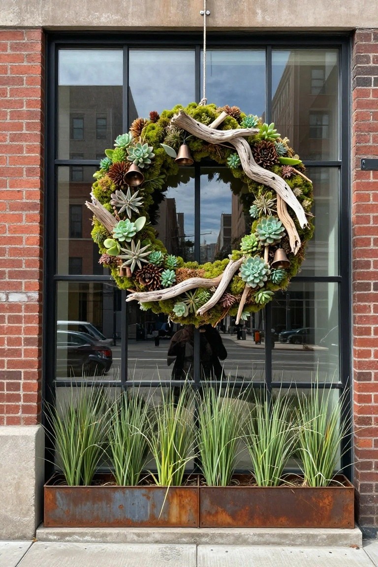 Large circular wreath of green succulents, moss, driftwood branches, pinecones, and brass bells hanging from a rope in front of a tall black-framed window on a red brick building exterior, flanked by rusted metal planters filled with tall grasses.