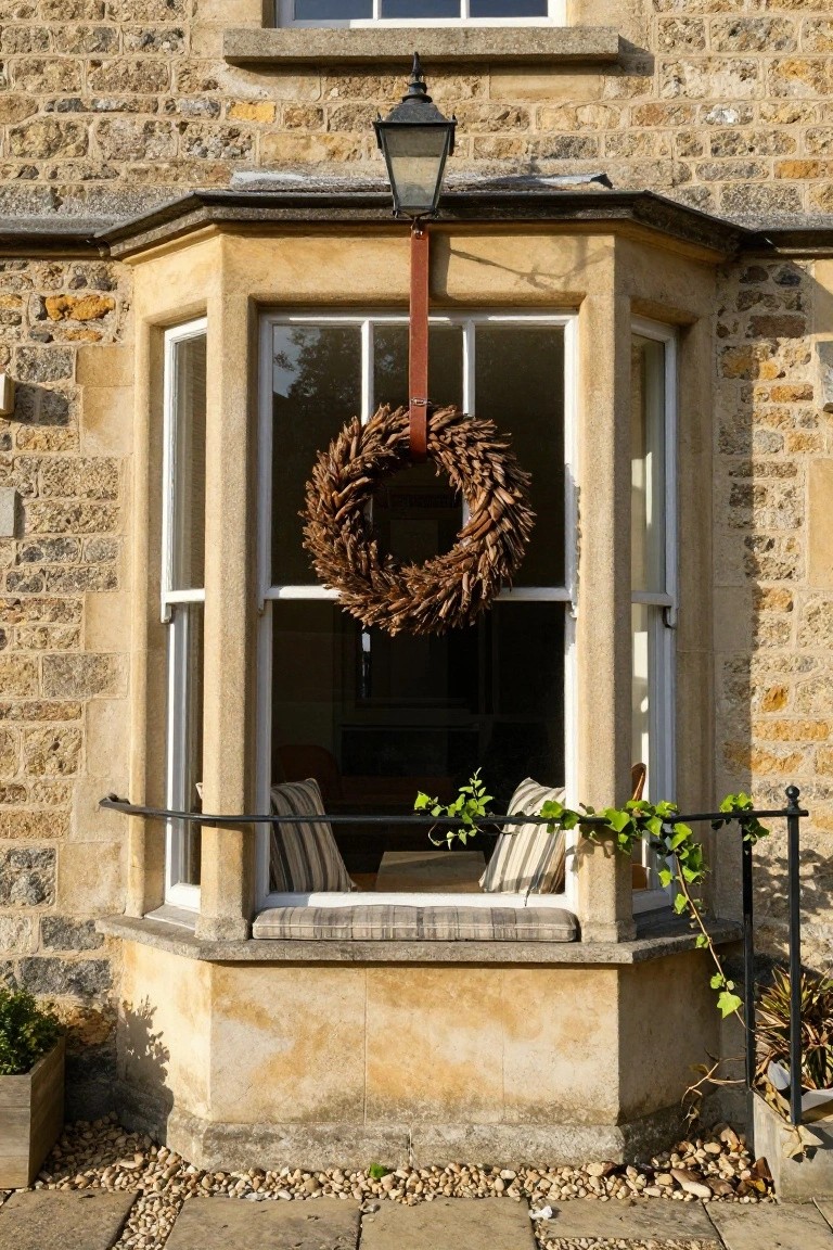 Beige stone bay window on a house exterior decorated with a wheat wreath hanging in the center, striped cushions on the window seat, ivy climbing a black railing, and a lantern mounted above.