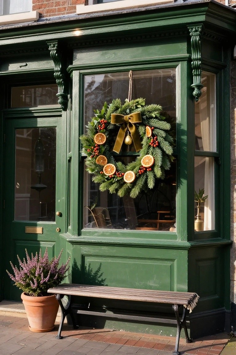 Green painted facade of a two-story building with a large bay window decorated by a wreath of pine, dried orange slices, red berries, and gold ribbon hanging from the top center, a purple flowering plant in a terracotta pot, and a wooden bench nearby on a brick walkway.