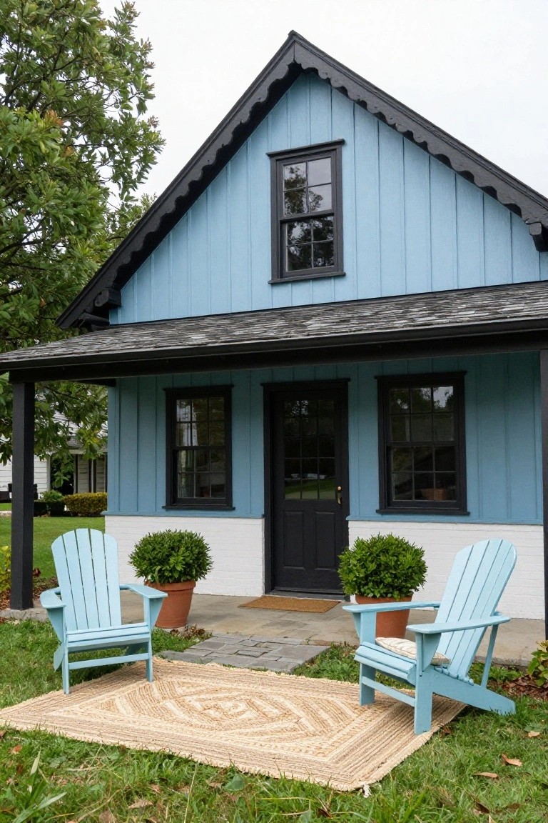 Blue clapboard house with gabled roof, black-trimmed windows and door, covered front porch, two blue Adirondack chairs with cushions, potted boxwood plants, and a beige seagrass rug on a stone path in front of the entry.