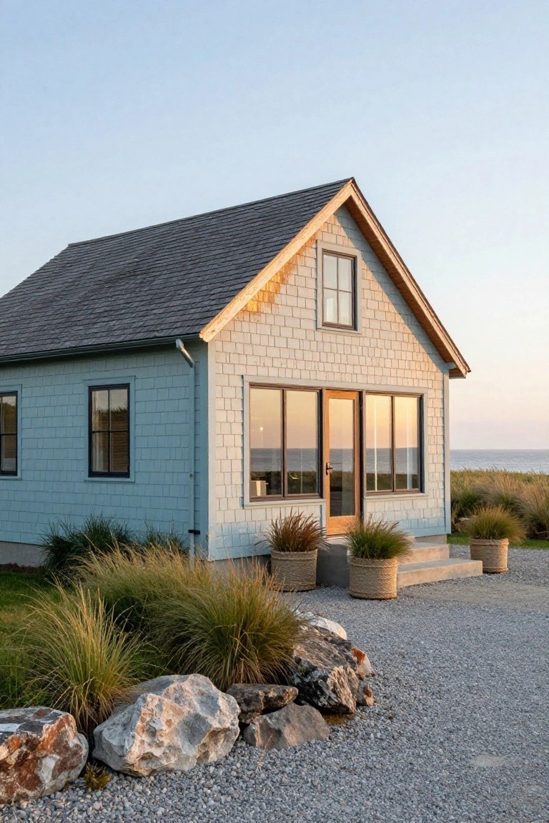 Light blue shingled house with dark gray gabled roof, large glass entry doors and windows facing the ocean, surrounded by tall ornamental grasses, potted plants, and large rocks on a gravel driveway.