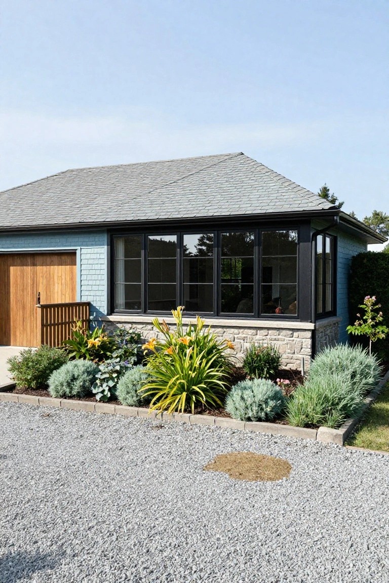 Blue shingle-sided garage building with wooden door, large black-framed windows, stone base, gravel driveway, and surrounding garden plants including yellow lilies and succulents.