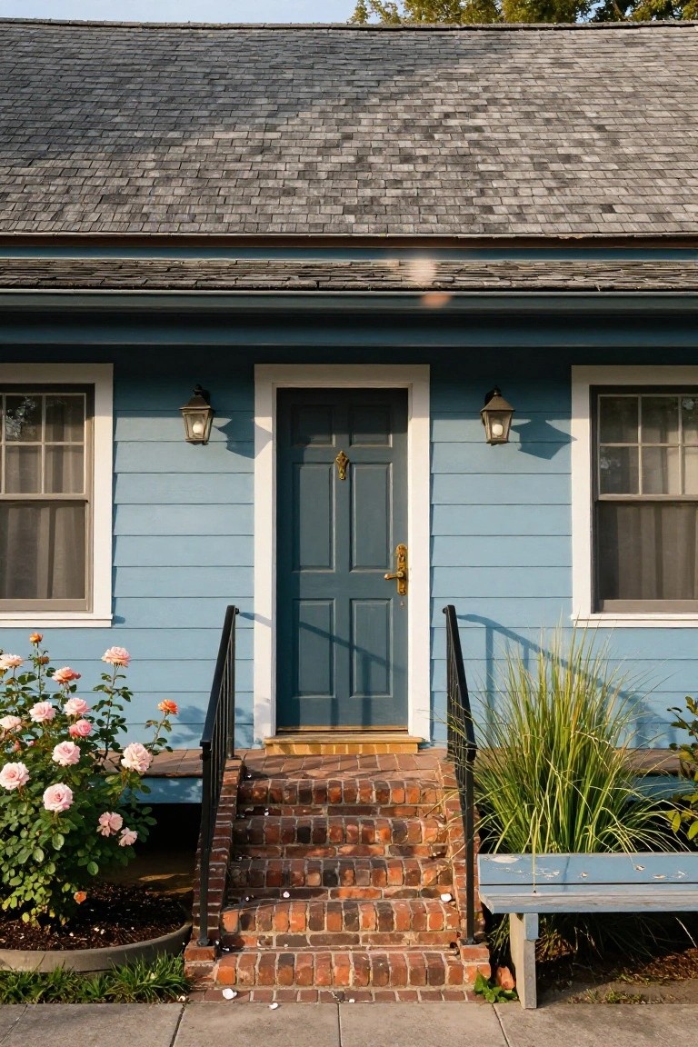 Light blue clapboard house exterior featuring a navy blue front door with brass hardware, white trim around two front windows, black lantern lights flanking the door, brick steps with black metal railing leading to the entry, pink rose bushes, pampas grass, and a weathered blue wooden bench nearby.