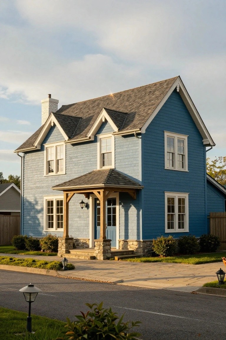 Two-story blue clapboard house with gabled roofline, covered front porch supported by stone pillars and wooden posts, white trim windows, and surrounding landscaping with lamps.