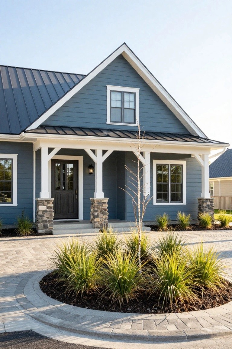 Front view of a two-tone blue clapboard house with white trim and metal roof, featuring a covered porch with stone pillar bases, dark wood double door, and a circular planting bed of grasses in a paved driveway.