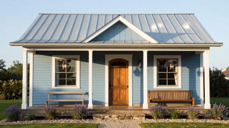 Small light blue clapboard house with white trim, gabled metal roof, two windows, blue front door with lantern light, wooden bench on porch, gravel path, and low plants in front.