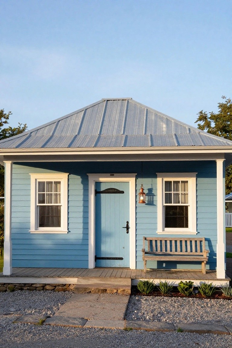 Small light blue clapboard house with white trim, gabled metal roof, two windows, blue front door with lantern light, wooden bench on porch, gravel path, and low plants in front.