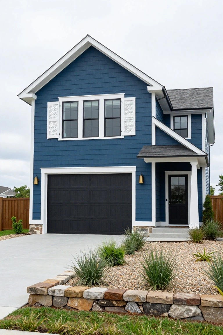 Two-story navy blue shake-sided house with white trim, black-framed windows and doors, attached garage, small front porch, and rock-bordered landscaping along the concrete driveway.