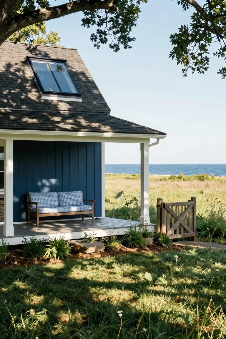 Side view of a small house with navy blue vertical siding, white covered porch holding a wooden bench with blue checkered cushions, wooden gate in foreground, grassy yard, and ocean horizon.