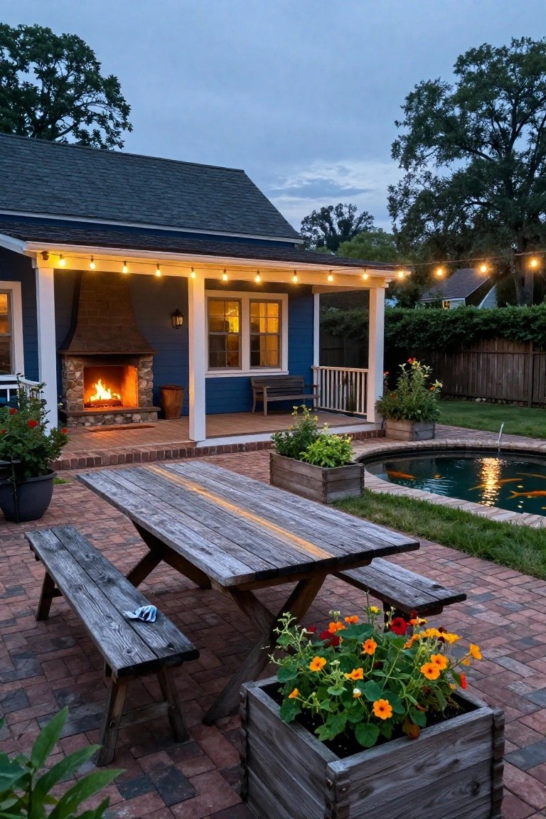 Blue clapboard house with white-trimmed covered porch strung with lights, tall outdoor stone fireplace with burning logs, rustic wooden picnic table and benches on brick pavers beside a small koi pond and potted plants at dusk.