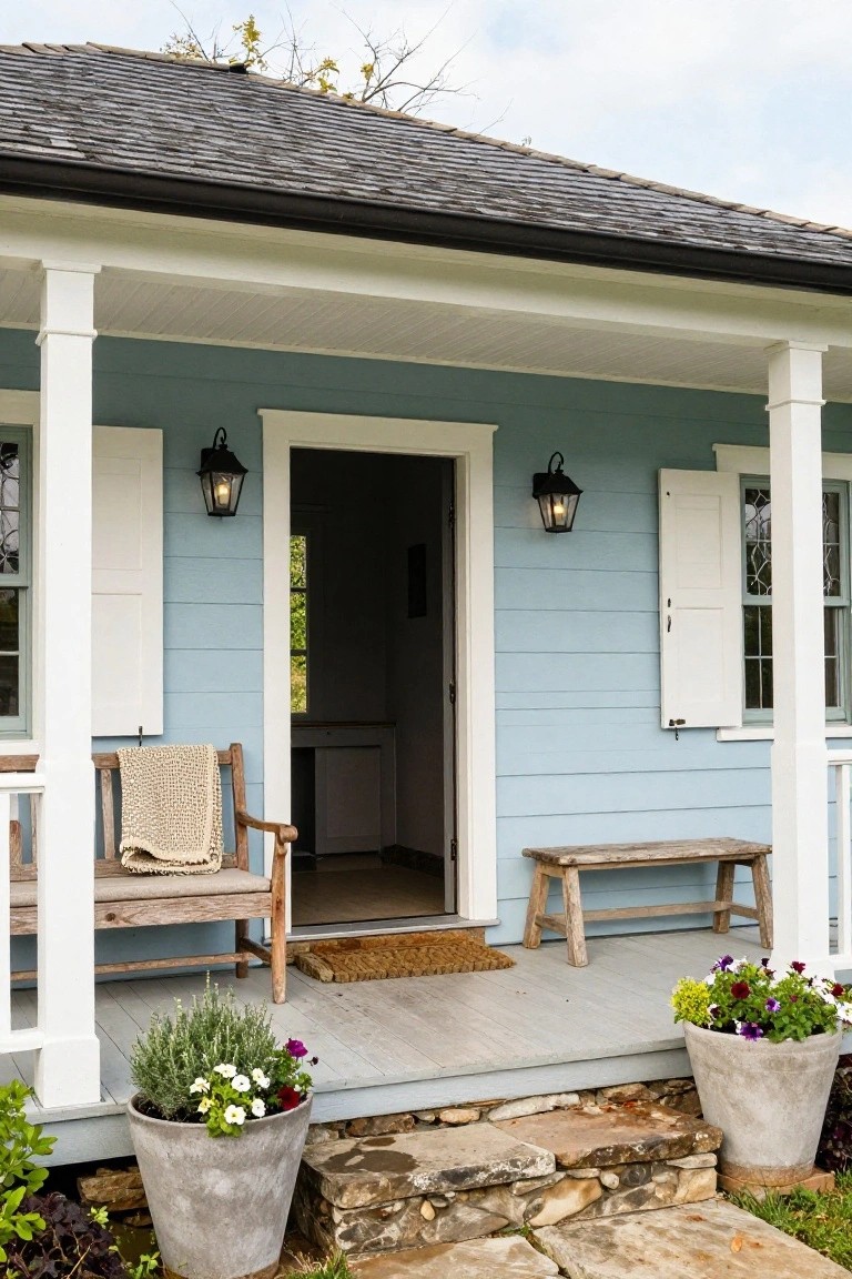 Light blue clapboard house with dark shingle roof, white columns on covered porch, open front door, wooden chair with throw blanket, bench, lanterns, potted plants, and stone steps.