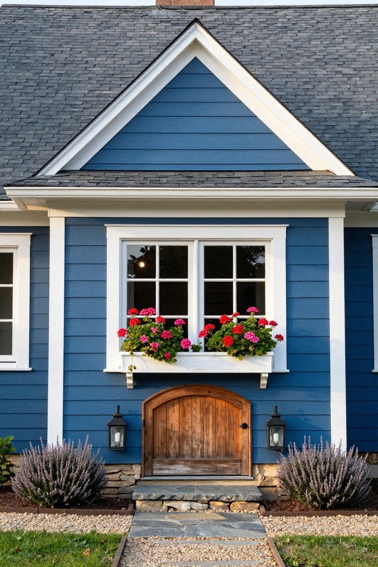 Blue clapboard house exterior with white trim, large window box filled with red geraniums above an arched wooden entry door, black lanterns flanking the door, lavender shrubs on either side, stone steps, and gravel path.