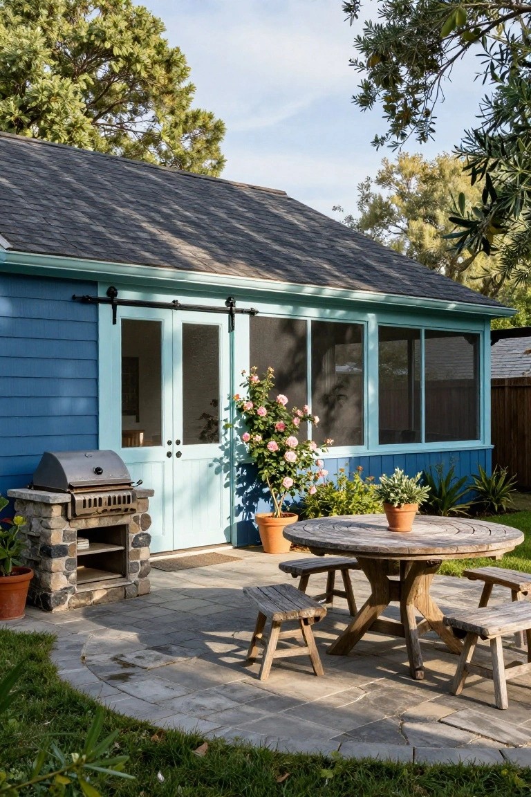 Blue clapboard outdoor structure with sliding glass doors next to a curved stone paver patio with rustic round wooden table, benches, stone-based grill, and potted plants in a grassy yard under trees.