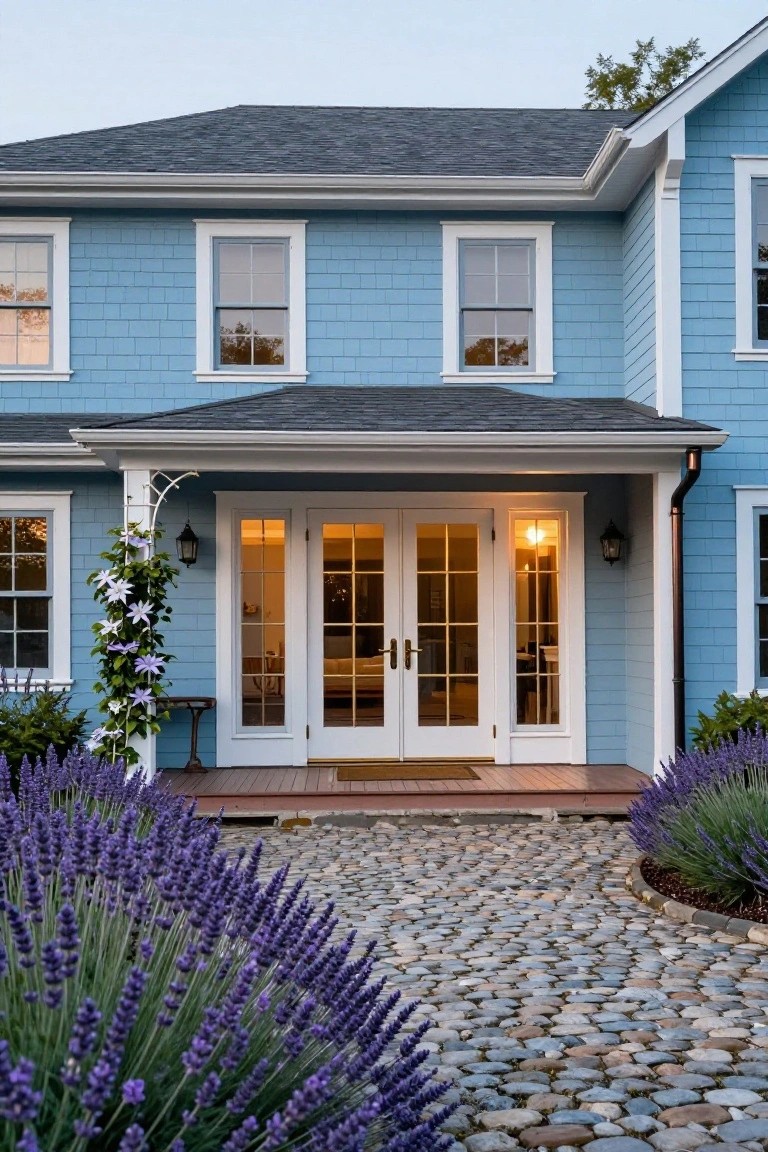 Blue shingle-style house with white trim and a covered front porch featuring glass French doors, lanterns, climbing vines, lavender plants bordering a cobblestone path.