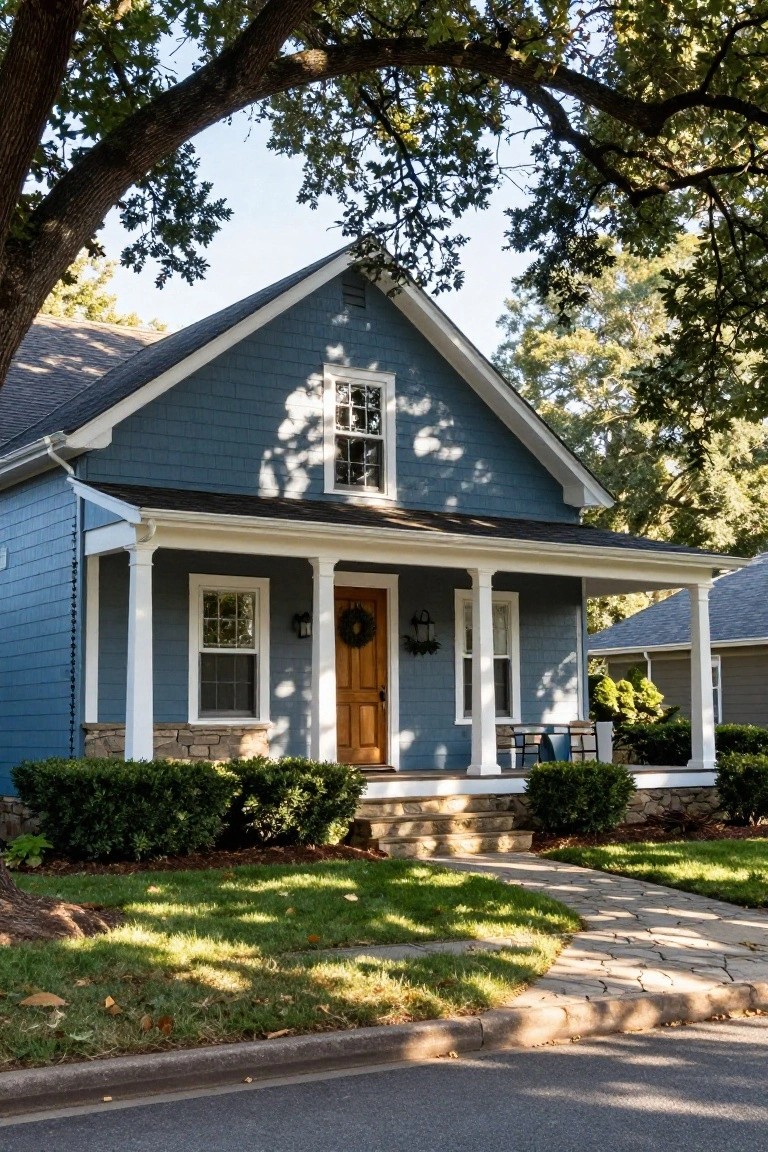 Blue shingle-sided house with white trim, covered front porch supported by columns, wooden door with wreath, lanterns, boxwood shrubs, stone steps, and grass pathway to the street under oak trees.