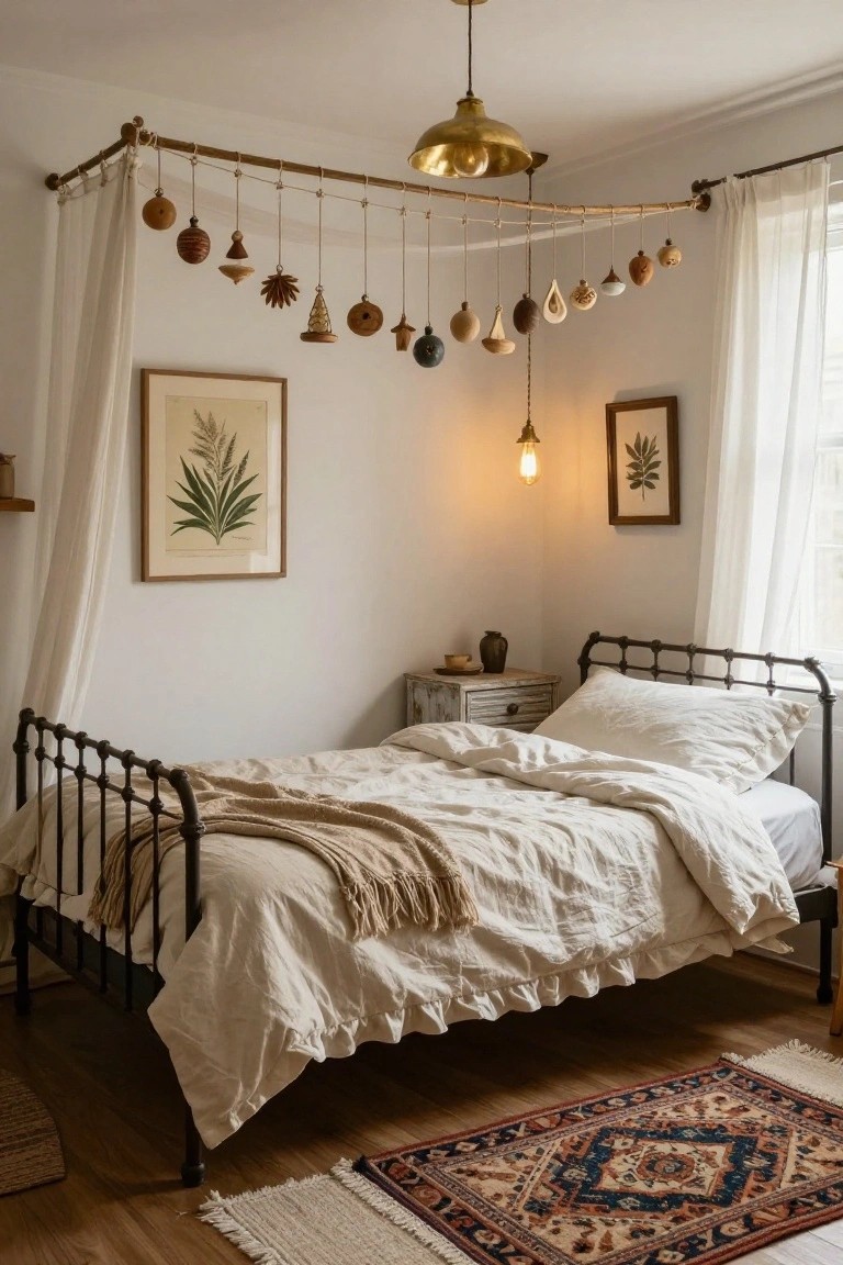 Cozy bedroom corner showing a white iron bed with linen sheets and throw, bamboo canopy overhead strung with assorted wooden ornaments, brass pendant lights, and framed botanical prints on pale walls.
