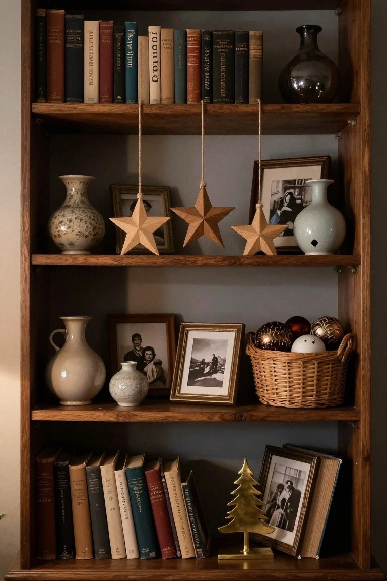 Wooden open bookshelf with vintage books in various colors, ceramic vases, framed black-and-white photos, hanging wooden star ornaments, a wicker basket of gold and red Christmas balls, and a gold Christmas tree figurine on the lower shelf.