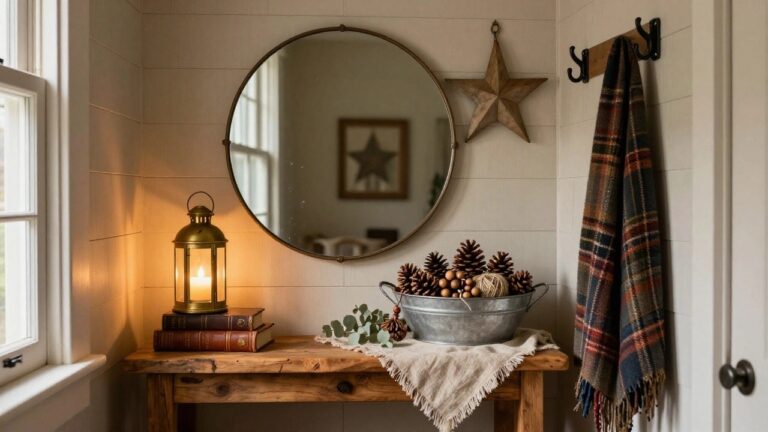 Wooden floating shelf on white shiplap wall holds stacked vintage books, brass lantern with lit candle, wooden star ornament, and galvanized bucket of pinecones with eucalyptus sprigs, beside round metal mirror and plaid towel on hook in corner.