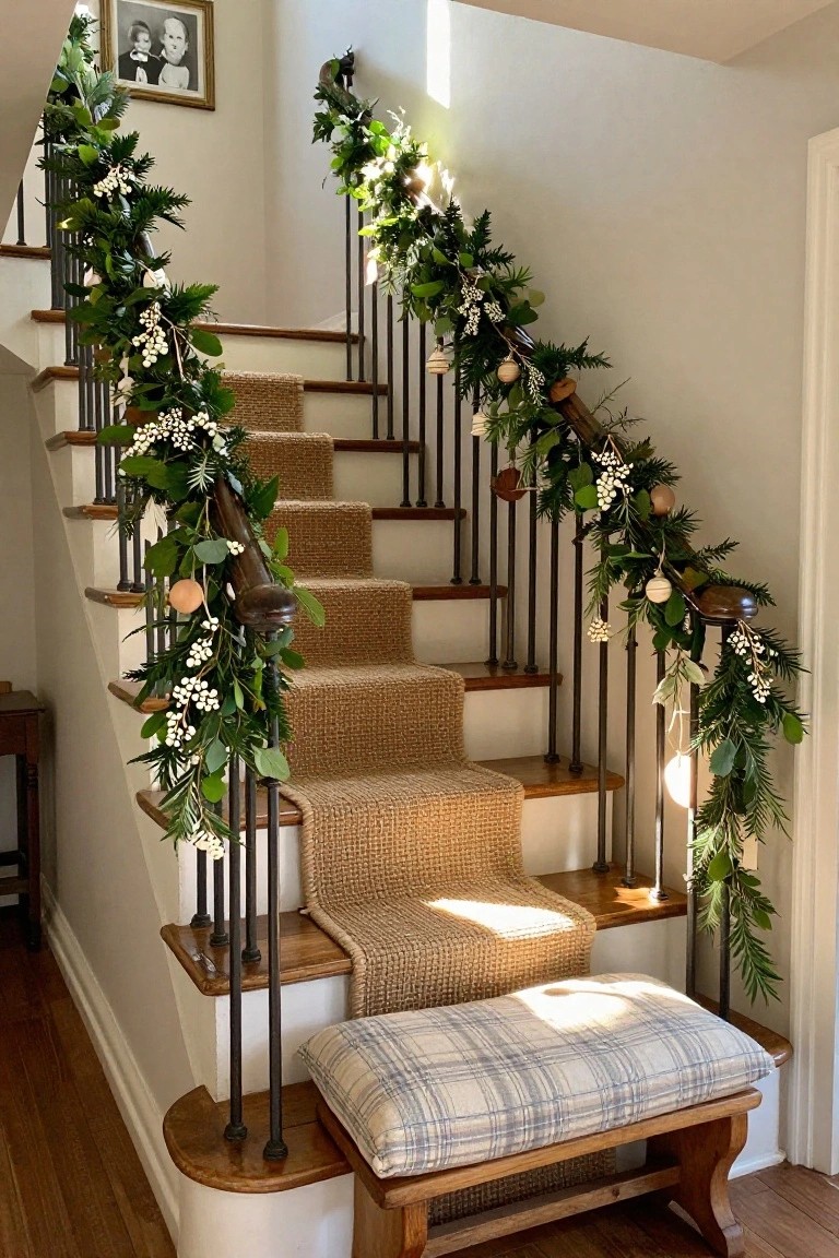 Wooden staircase with black iron railings and beige carpet runner, decorated with evergreen garlands including pine branches, white berries, eucalyptus leaves, bells, and dried oranges, plus a plaid-cushioned wooden bench at the base.
