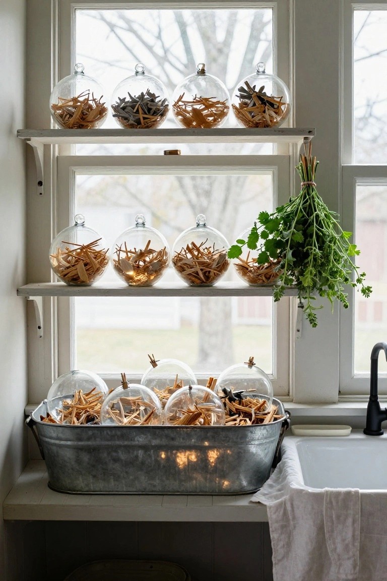 Farmhouse kitchen windowsill with wooden shelves holding clear glass spheres filled with wooden clothespins and sticks, a galvanized metal tub on the counter containing more wooden items, hanging herbs nearby, and a sink visible.