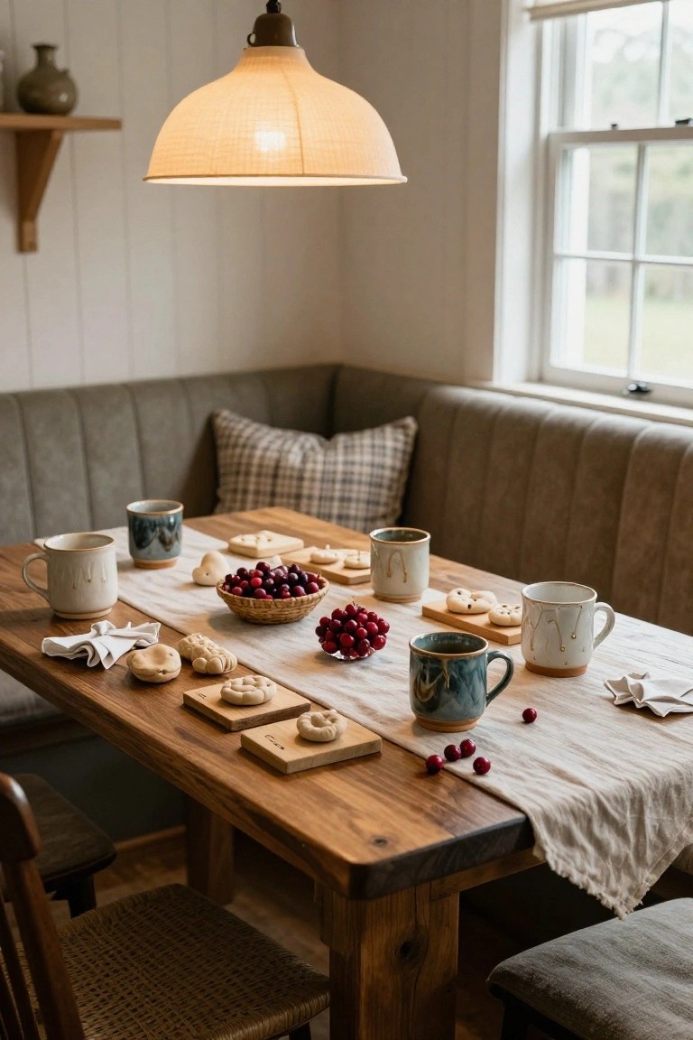 Farmhouse breakfast nook with wooden table set for tea, featuring ceramic mugs, wooden gingerbread-shaped ornaments on boards, basket of red cranberries, linen runner, and window view.