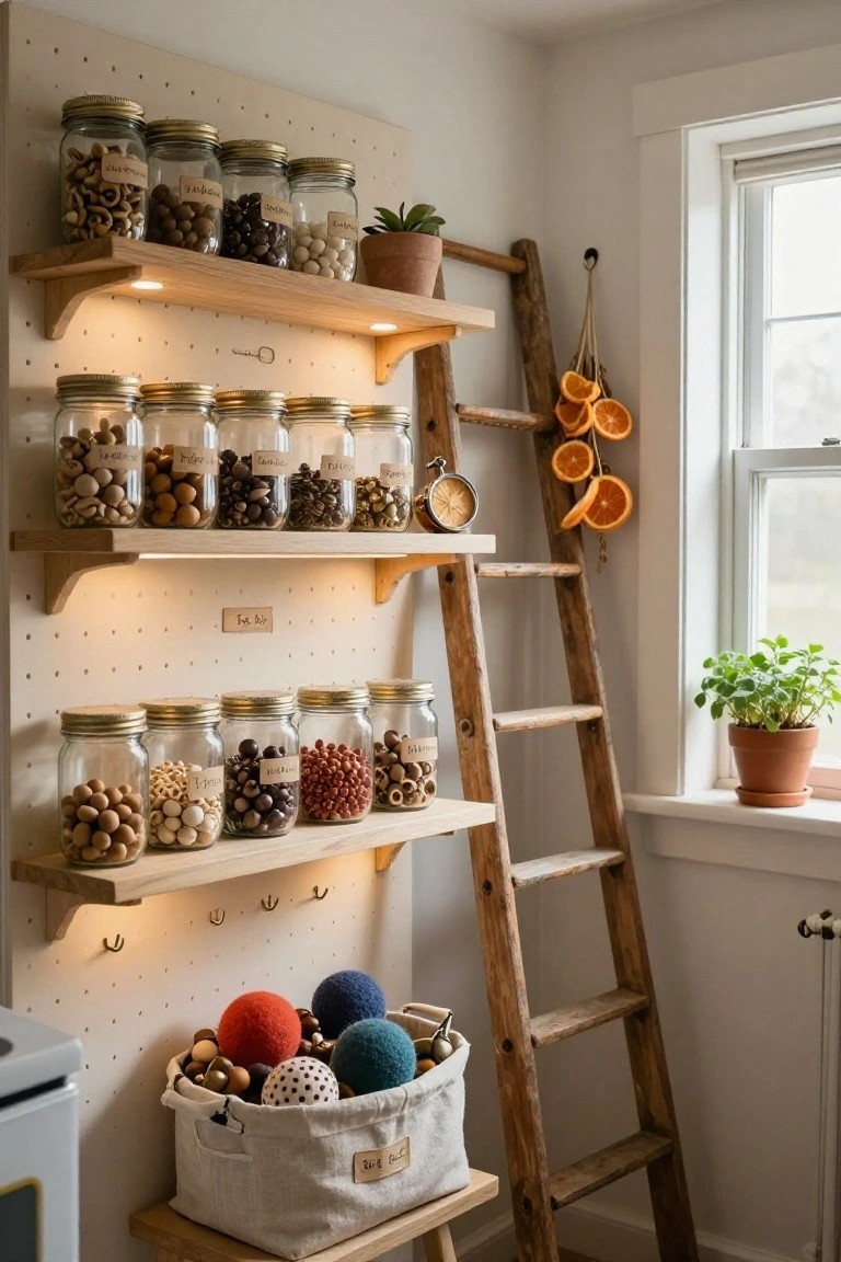 Kitchen corner with pegboard wall, wooden ladder shelves holding glass jars of nuts, seeds, beads, and wooden balls, hanging dried orange slices, potted plants, and a basket of colorful balls on a stool.