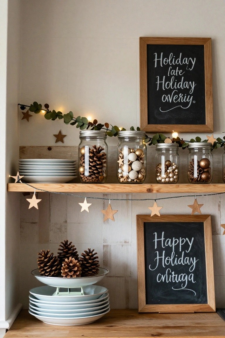 Wooden open shelves holding mason jars filled with pinecones, white and gold Christmas ornaments and balls, with eucalyptus garland strung above, hanging paper stars, stacked white plates, pinecone clusters on a dish below, and two framed chalkboard signs with handwritten holiday messages.
