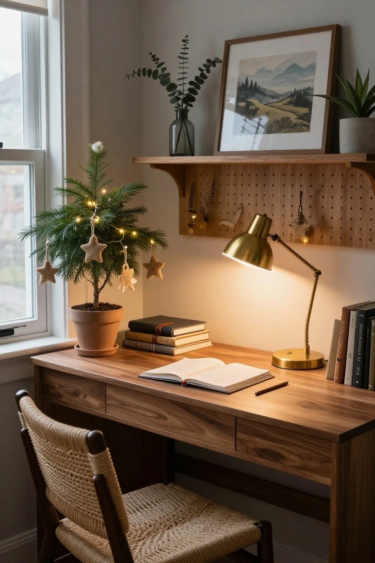 Wooden desk with open book, brass lamp, and stacked books in a cozy room corner, next to a small potted Christmas tree lit with fairy lights and decorated with hanging star and mitten ornaments, wooden shelves with plants and frames, rattan chair, and window with sheer shade.