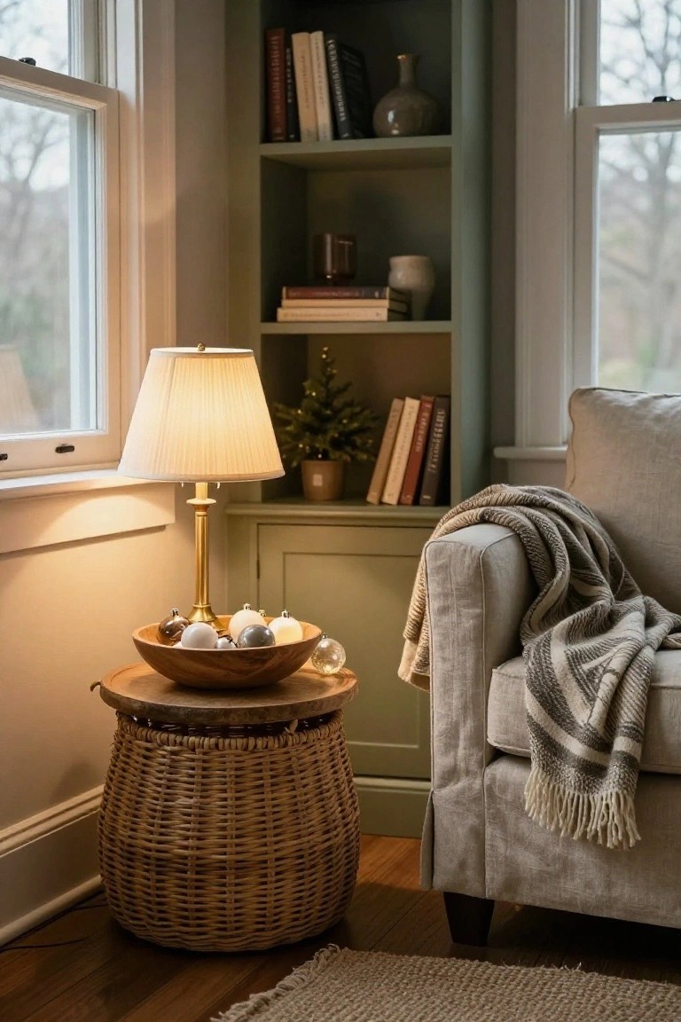 Cozy interior corner with green bookshelves filled with books and decor, brass table lamp, wooden bowl of assorted Christmas ornaments on a wicker basket table, and beige armchair with gray throw blanket.