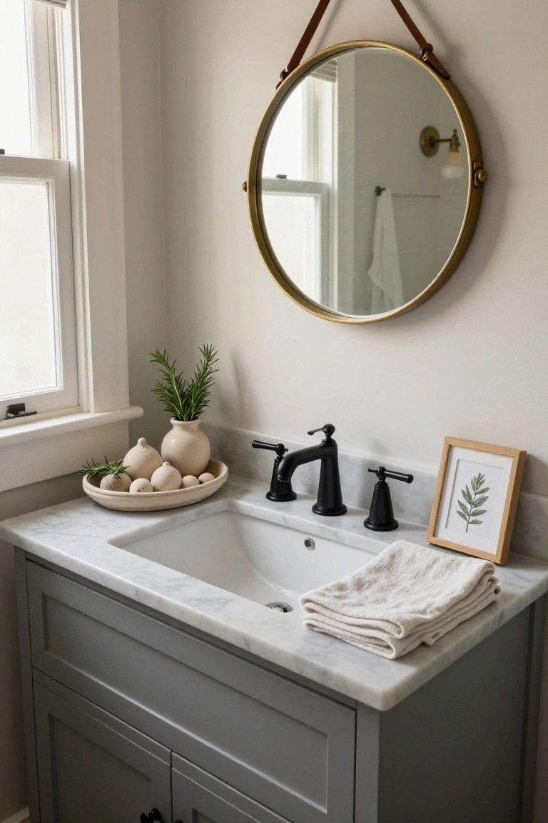 Close-up of a gray bathroom vanity with white marble countertop, black bridge faucet, clustered beige terracotta orbs and rosemary sprigs in a shallow beige dish, folded white towels, gold-framed leaf print, and large round gold mirror with leather strap hanging above.