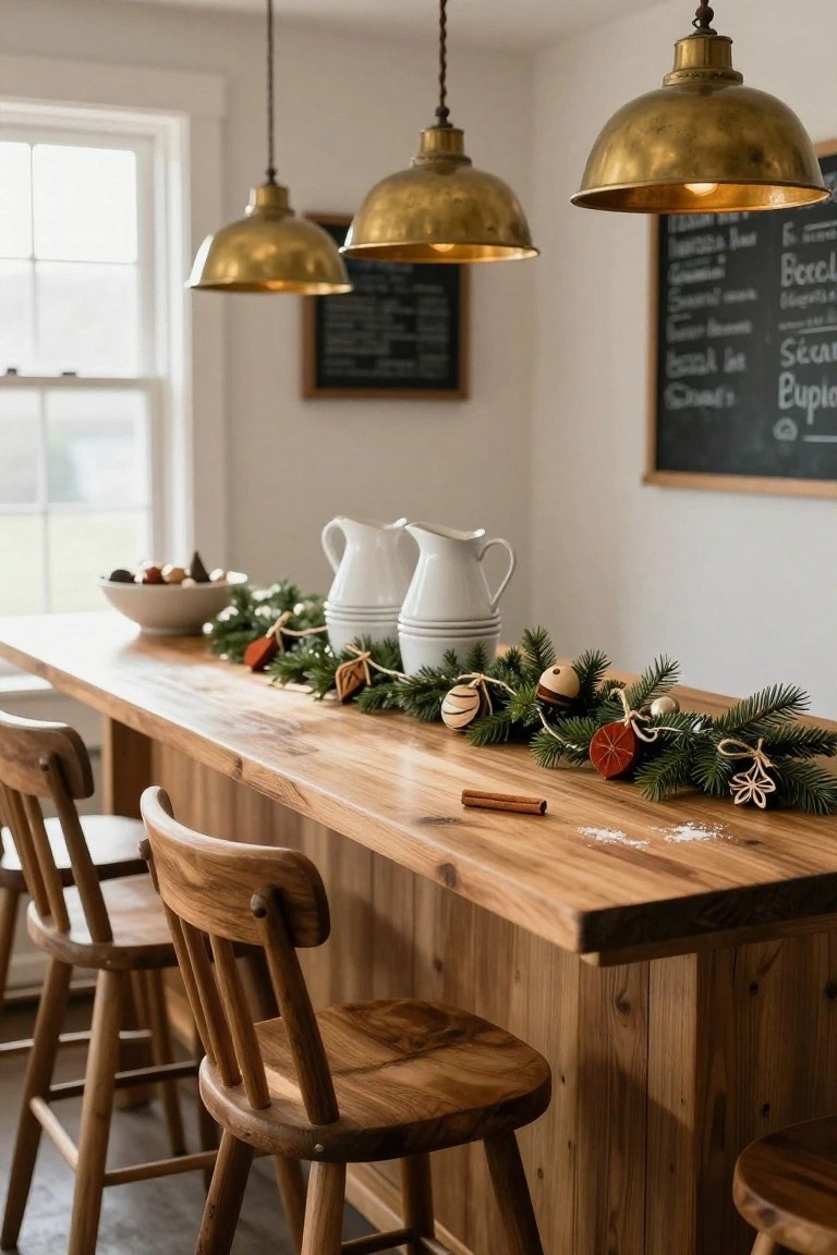 Wooden farmhouse table in a bright kitchen with brass pendant lights overhead, decorated with a Christmas garland runner of greenery, wooden ornaments, dried oranges, cinnamon sticks, and white pitchers nearby.