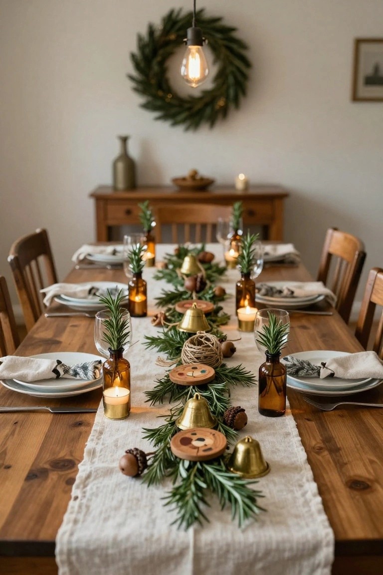 Wooden dining table in a room with white linen runner centered with rosemary sprigs, pinecones, brass bells, amber glass bottles, candles, and place settings.