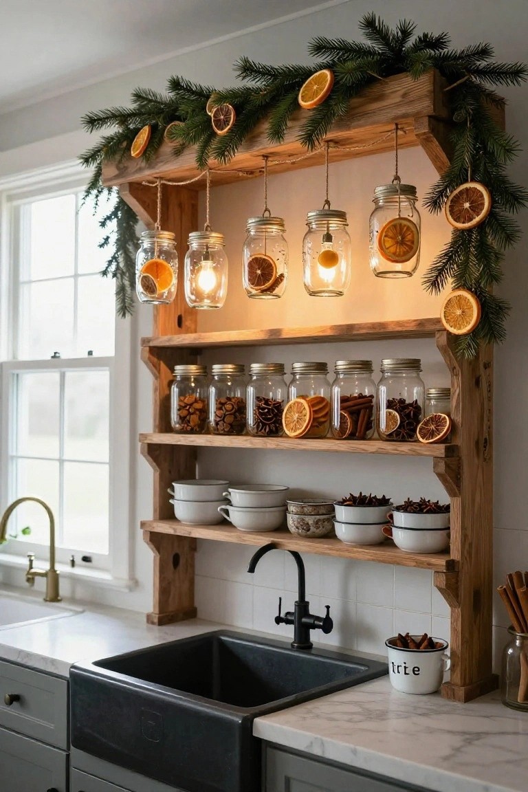 Rustic wooden shelving unit mounted above a black farmhouse sink in a kitchen, decorated with pine branches, hanging mason jars containing dried orange slices and lit bulbs, jars filled with spices and cookies, white bowls, and cinnamon sticks.