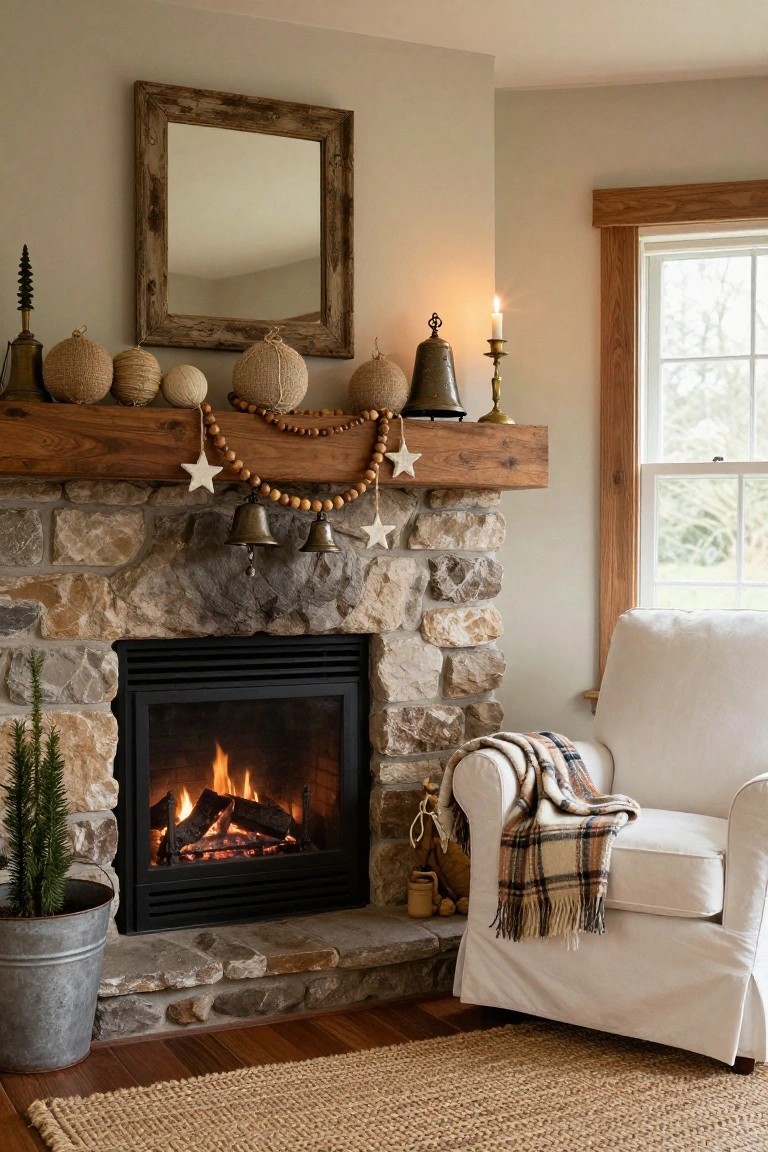 Stone fireplace with wooden beam mantel decorated with wooden bead garland, white stars, bells, rope-tied pumpkins, and brass items; white armchair with plaid throw and potted plant nearby in beige room.