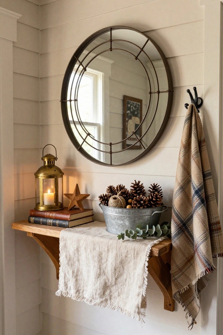 Wooden floating shelf on white shiplap wall holds stacked vintage books, brass lantern with lit candle, wooden star ornament, and galvanized bucket of pinecones with eucalyptus sprigs, beside round metal mirror and plaid towel on hook in corner.