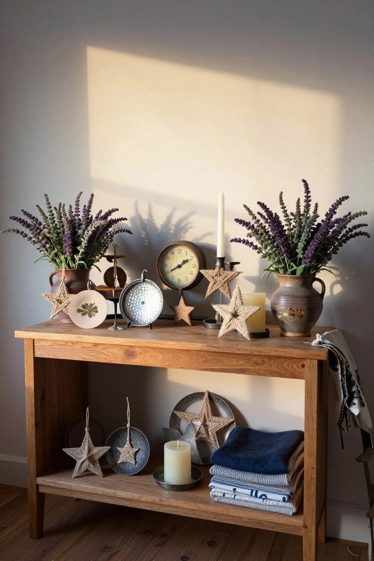 Wooden console table against a light wall, decorated with woven and wooden star ornaments, lavender in terracotta pots, vintage clocks, candles, and folded blankets on the lower shelf.