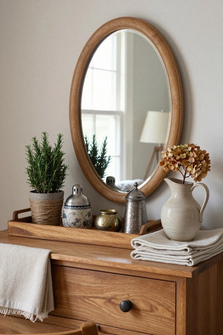 Oval wood-framed mirror above a wooden dresser holding a rectangular wooden tray with two potted rosemary plants, blue-and-white ceramic jar, silver flask, gold cup, silver lidded container, white pitcher with dried hydrangea stems, and folded white linens.