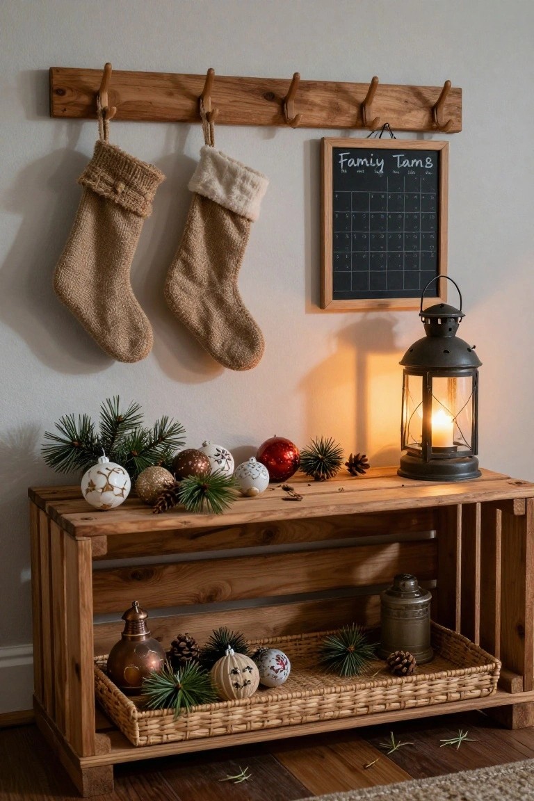 Wooden entry bench with pine branches, assorted Christmas ornaments, pinecones, a copper pot, and a wicker basket, beside a lit black metal lantern; burlap and white stockings hang from a wooden wall rack above a chalkboard family calendar.