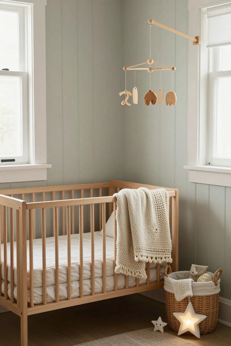 Corner of a nursery with light green vertical board-and-batten walls, wooden crib with white knit blankets and pillow, wall-mounted wooden mobile with animal shapes hanging above the crib, wicker basket holding toys and balls, and a lit star-shaped lamp on the wood floor.