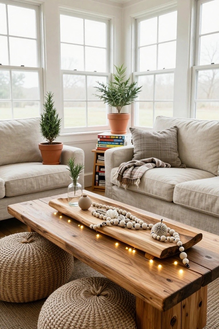 Beige sofas in a bright sunroom with large windows, potted rosemary plants, wooden coffee table holding a wooden tray with white beaded garland, fairy lights, glass vase, and small pumpkin, seagrass poufs underneath.