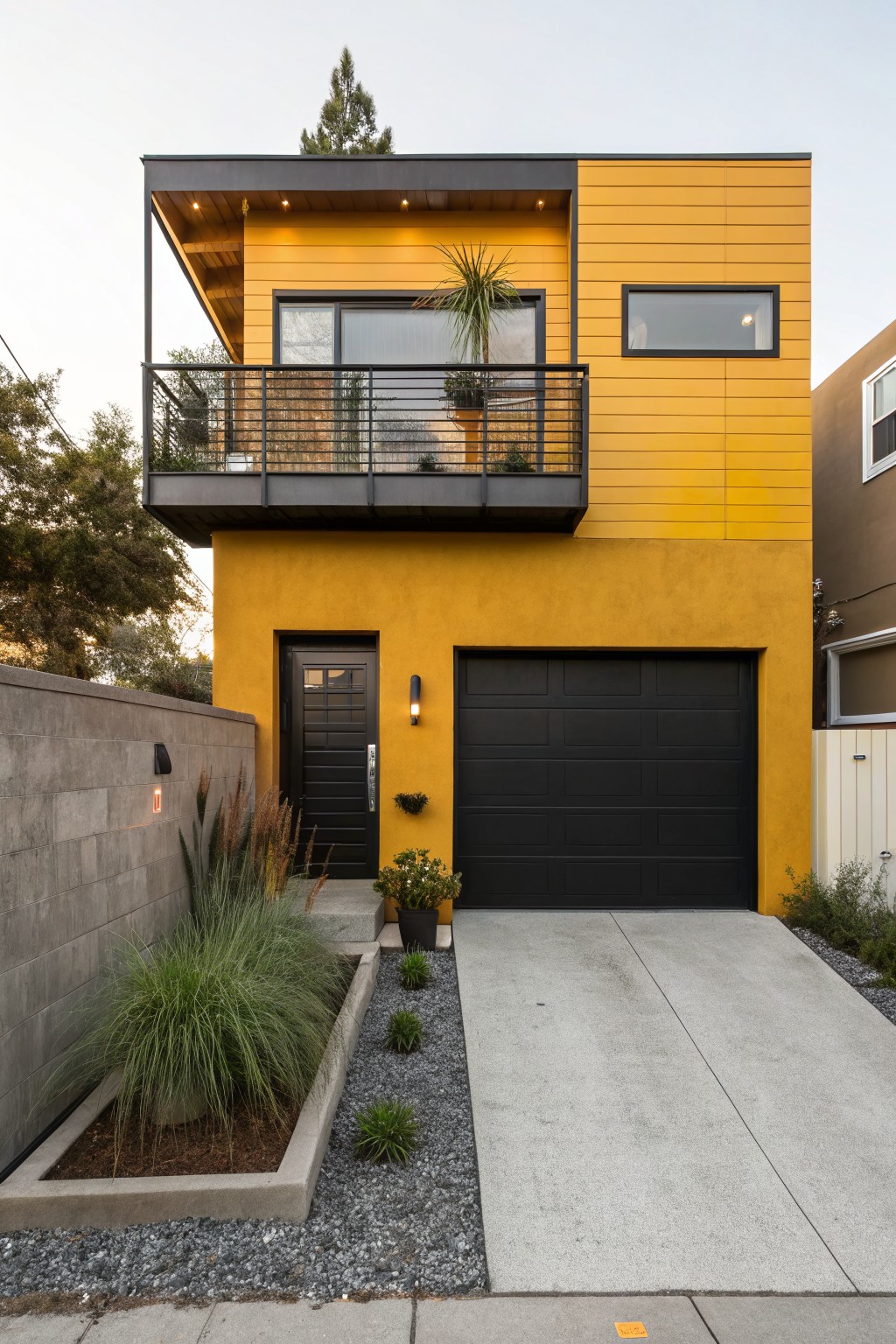 A two-story modern house with yellow vertical siding, black garage door, black front door, cantilevered upper balcony with railing and plants, concrete block side wall, and gravel driveway edged with grasses.