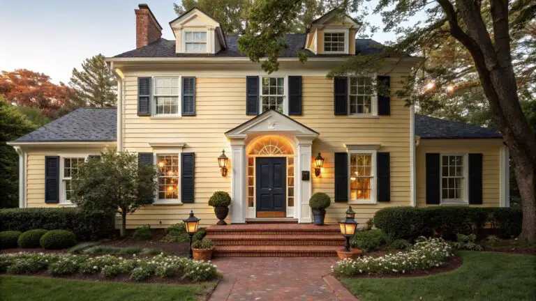 A two-story yellow clapboard house with black shutters, white trim, dark blue front door, lanterns flanking the entry, brick steps, and potted blue hydrangeas.