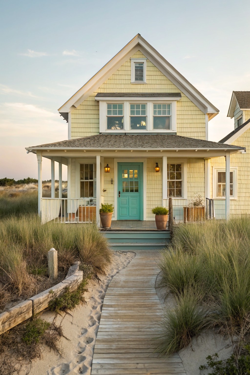 Pale yellow shingle-style house with white trim, turquoise double front doors, wraparound porch, potted plants, and wooden boardwalk path through sand dunes and sea grass.