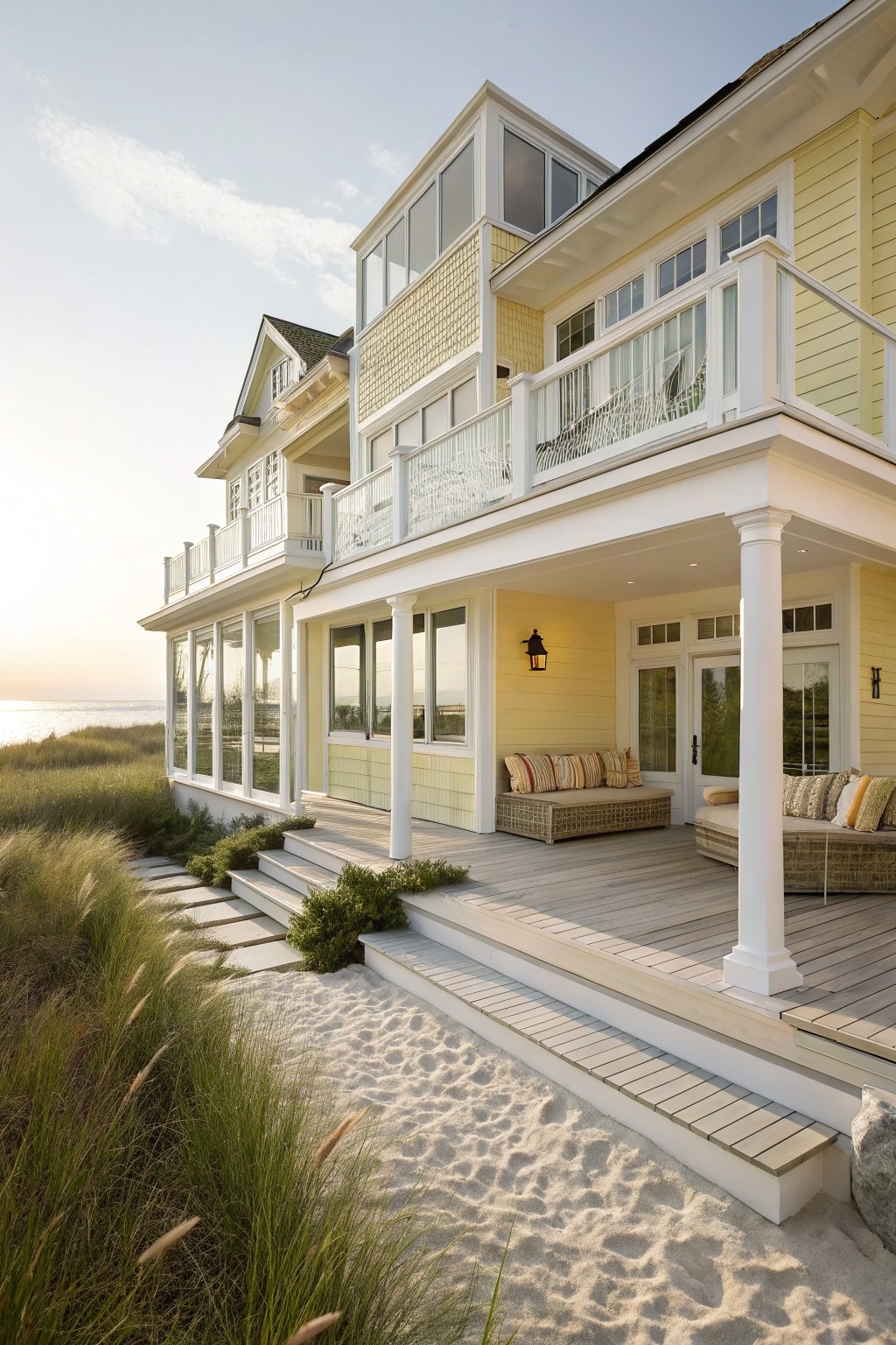 Side view of a two-story pale yellow shingle-style beach house with white-trimmed windows, glass-walled sunroom, multi-level balconies and porch, wicker seating, steps leading through sea grass to sand, and ocean in background.