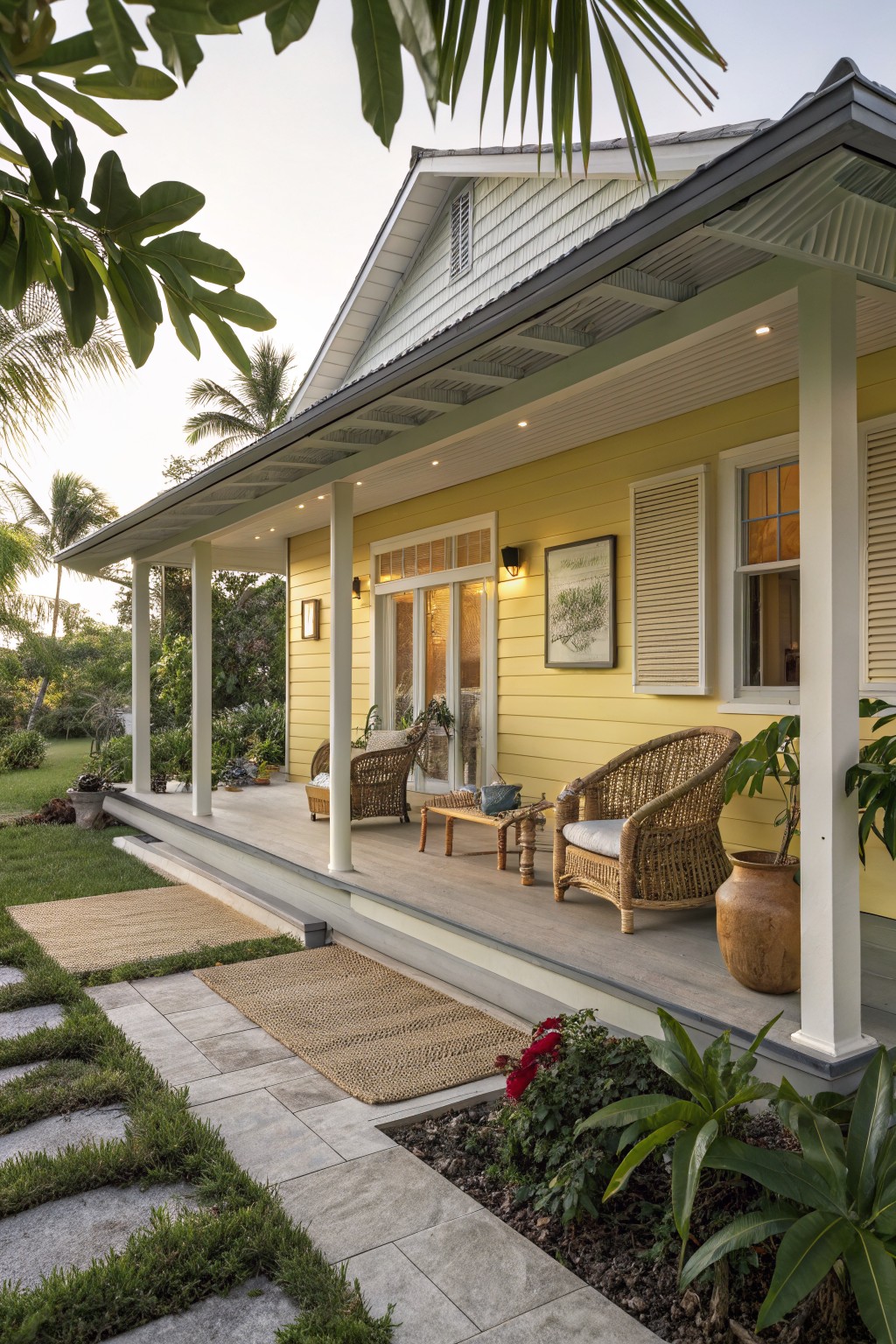 A two-tone yellow and white house with clapboard siding, wide covered porch supported by white columns, rattan chairs and plants on the porch, tropical landscaping, and stone paver path leading to the front steps.