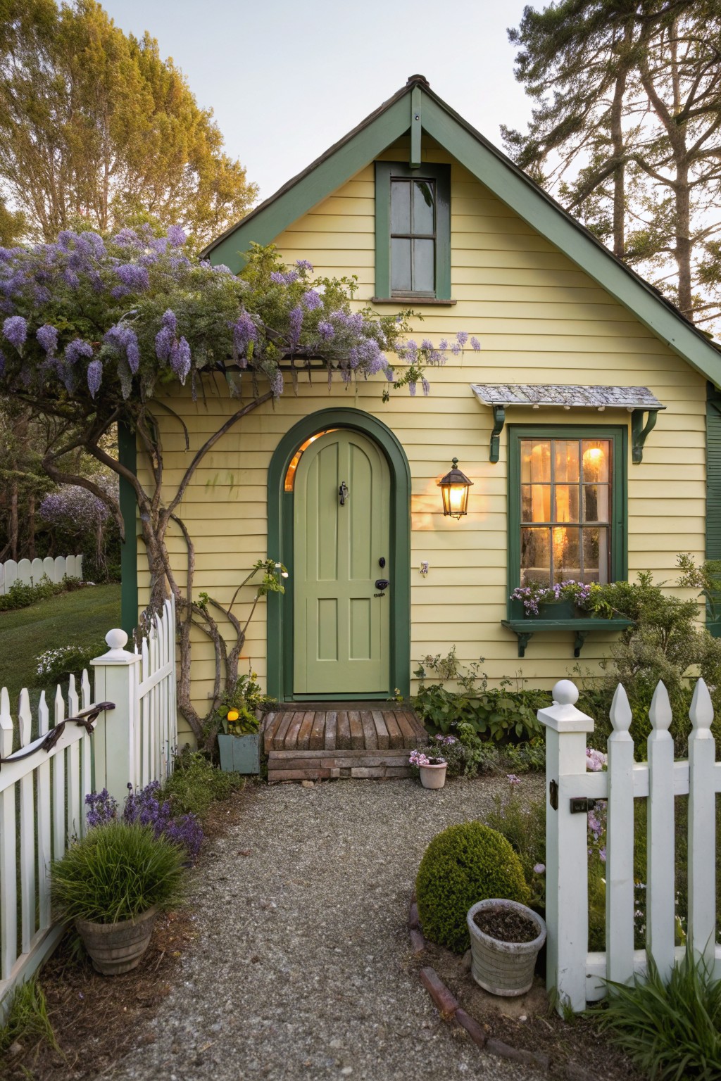 Small yellow cottage with pale yellow siding, arched green front door, purple wisteria vines overhead, green-trimmed windows with flower box, white picket fence, gravel path, and potted plants.