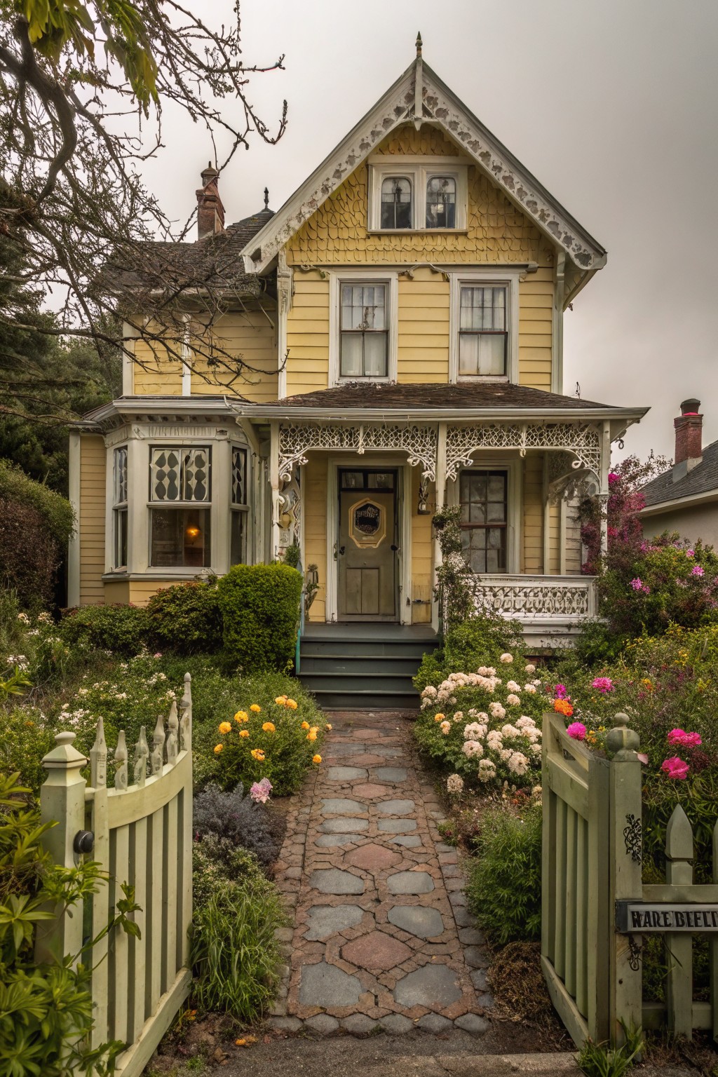 A two-story yellow Victorian house with shingled gables, ornate white porch trim, bay window, front door, and a stone garden path flanked by flowers and greenery.