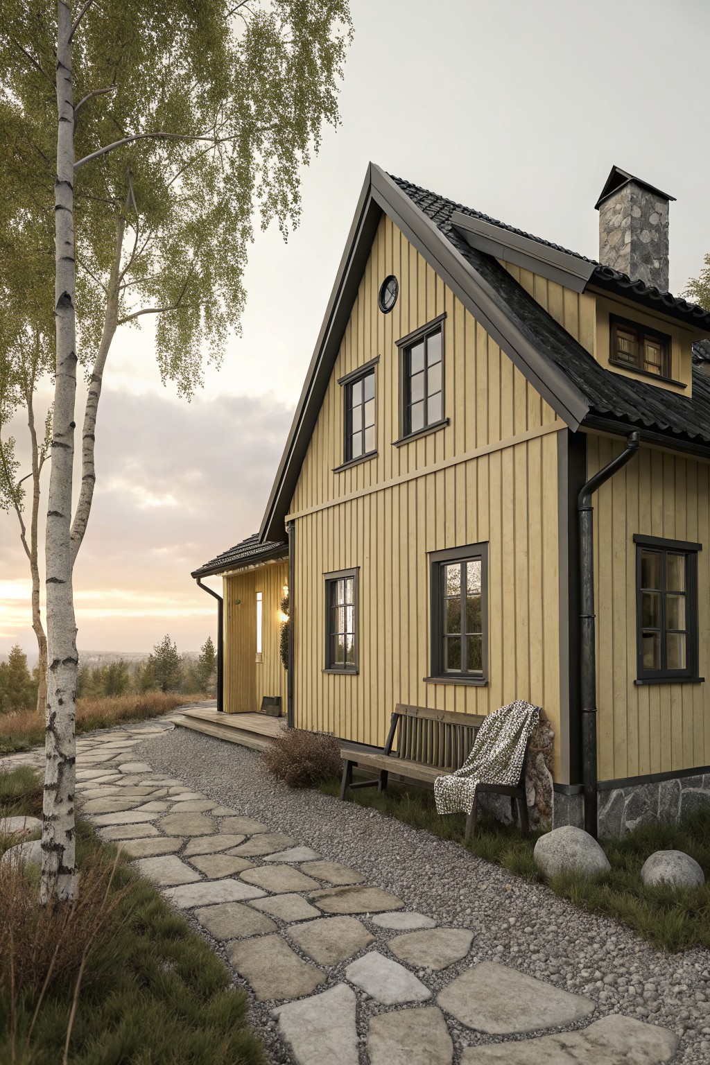 Pale yellow vertical wood-sided house with black gabled roof and trim, stone path, birch trees, bench with blanket, and surrounding landscape at dusk.